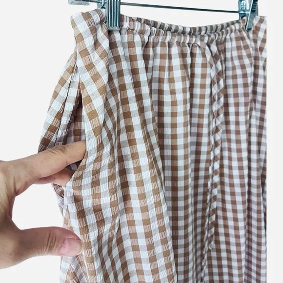 Emerson Lang Gingham Bubble Hem Midi Skirt Medium Beige White - Picture 3 of 7